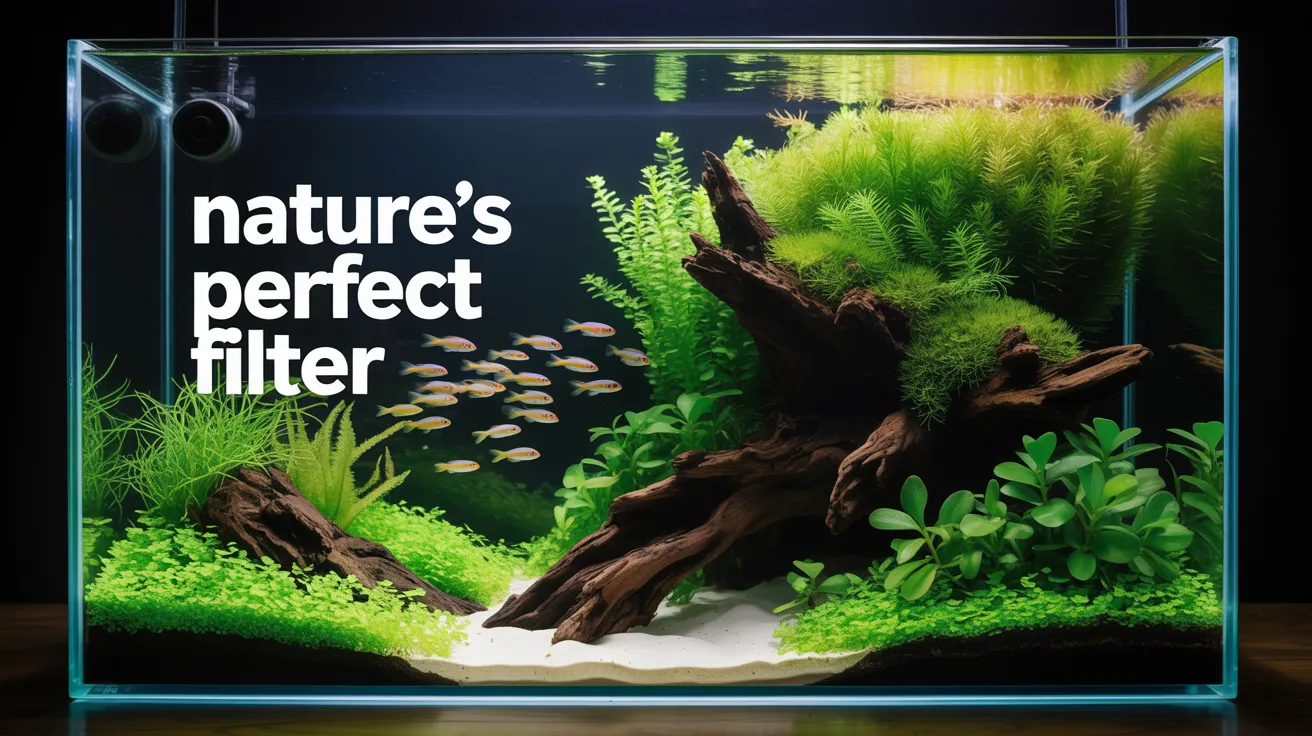 A beautiful low-tech planted aquarium showing the result of a healthy nitrogen cycle. A text overlay reads: Nature's Perfect Filter.