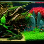 A single planted aquarium showing a split view: the left side is a natural low-tech setup with driftwood, while the right is a vibrant high-tech setup with bright red plants.
