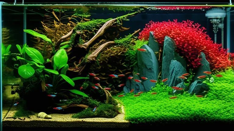 A single planted aquarium showing a split view: the left side is a natural low-tech setup with driftwood, while the right is a vibrant high-tech setup with bright red plants.