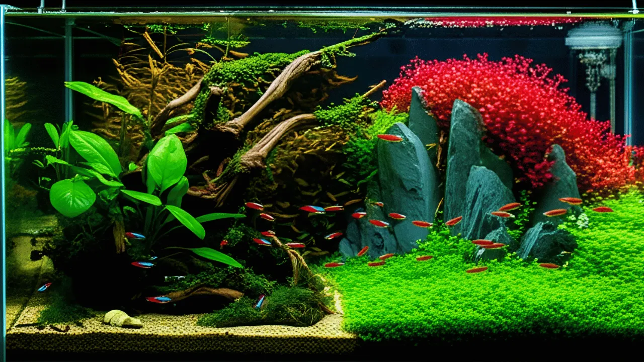 A single planted aquarium showing a split view: the left side is a natural low-tech setup with driftwood, while the right is a vibrant high-tech setup with bright red plants.