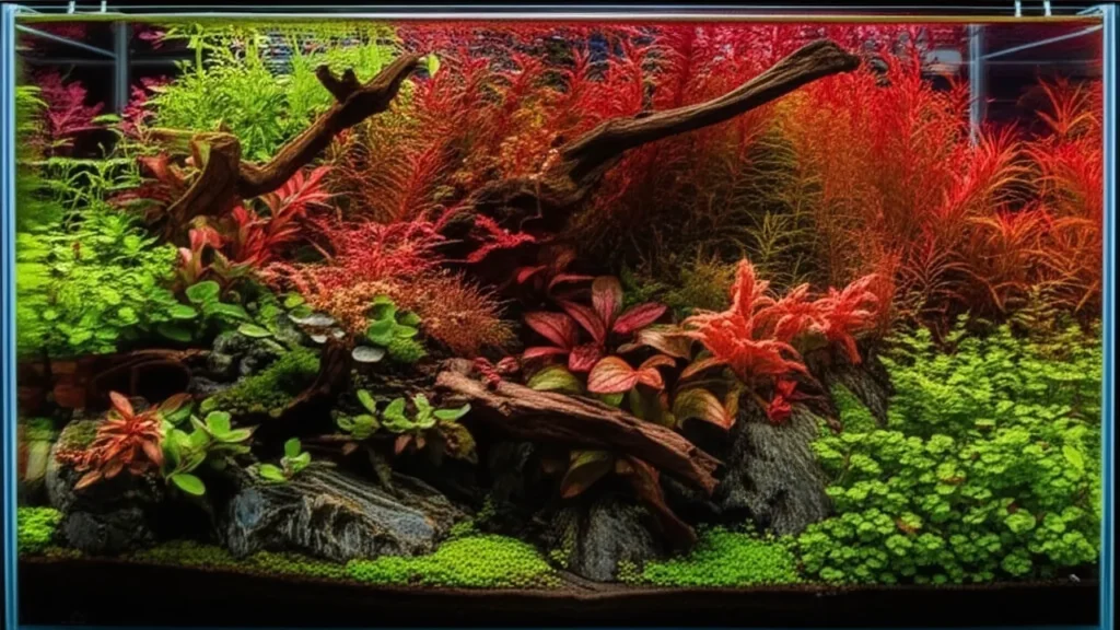 A beautiful aquascape contrasting a serene, low-tech planted area with a colorful, high-tech area to show the difference in setups.
