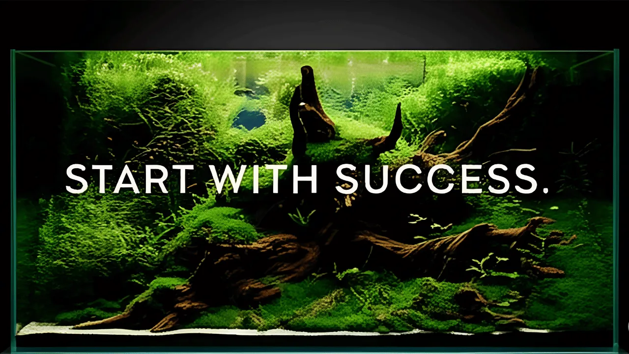 A beautiful low-tech planted aquarium ideal for beginners, showing lush green plants on driftwood. A text overlay reads: "Start with Success