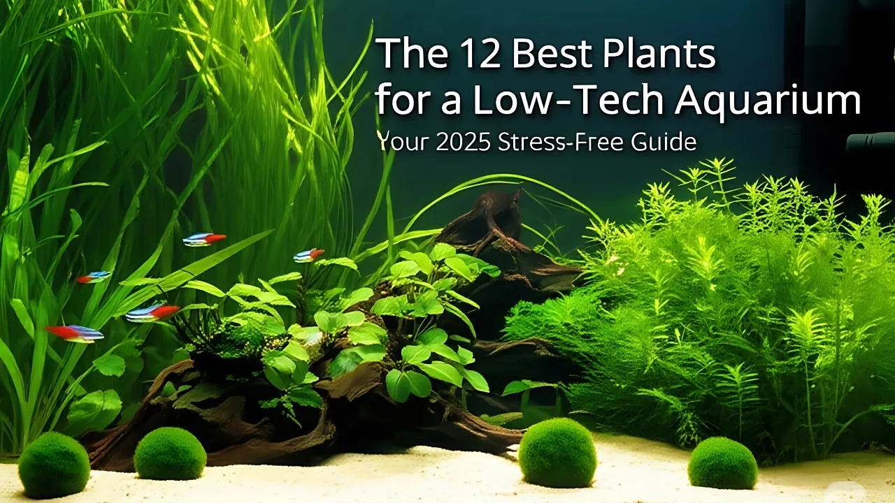 A serene, low-tech planted aquarium with crystal-clear water. Anubias is growing on driftwood in the midground, with a background of Vallisneria and Marimo Moss Balls in the front.