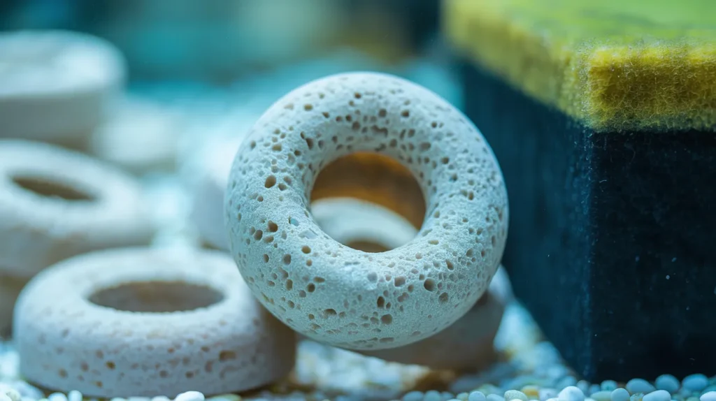 The Nitrogen Cycle in a Low-Tech Aquarium: A close-up macro photo of porous ceramic bio-rings, a key type of aquarium filter media that provides a home for beneficial bacteria.