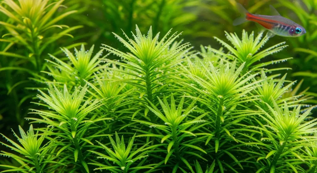 A close-up photo of healthy, fast-growing Hornwort, one of the best aquarium plants for reducing nitrates naturally.