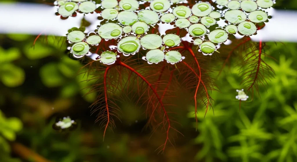 A top-down view of Red Root Floaters in an aquarium, showing their long red roots which are excellent for reducing nitrates from the water.