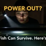 A person looking worriedly at their dark aquarium during a power outage. Text overlay reads, "Power Out? Your Fish Can Survive. Here's How."
