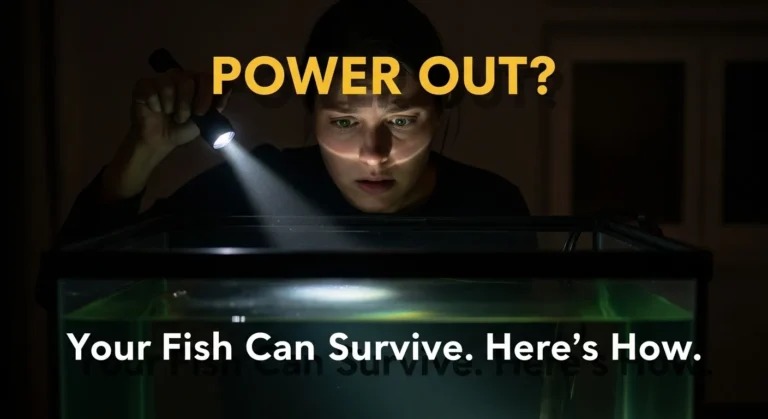 A person looking worriedly at their dark aquarium during a power outage. Text overlay reads, "Power Out? Your Fish Can Survive. Here's How."