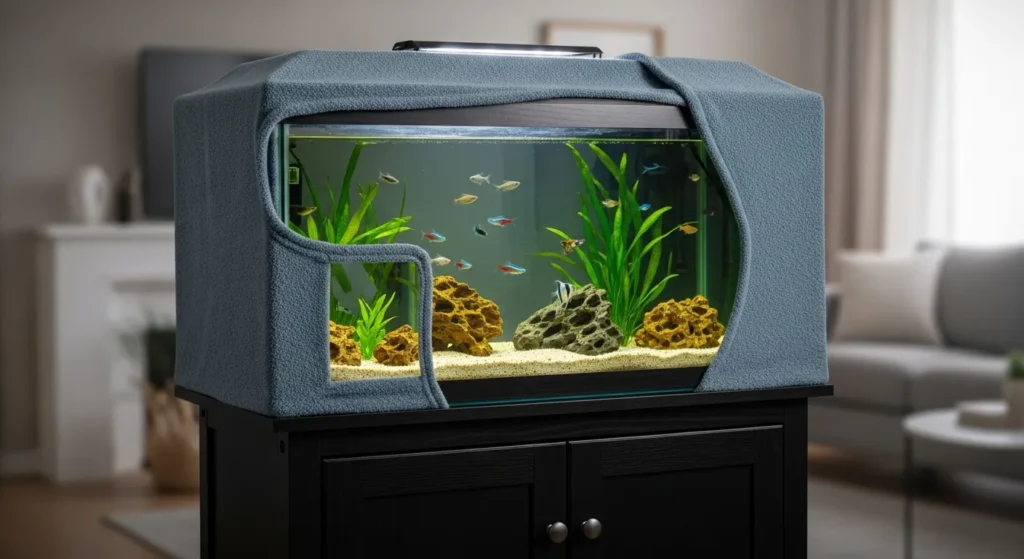 An aquarium wrapped securely in a thick blanket during a power outage to maintain water temperature and keep the fish safe.