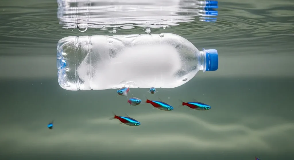 A frozen water bottle floating inside an aquarium to safely cool the water temperature during a power outage in a heatwave.