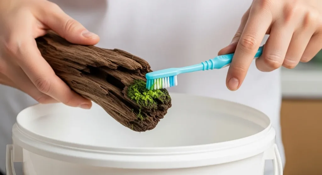 A person using a toothbrush to manually scrub algae off a piece of aquarium driftwood, a key step in aquarium algae control.