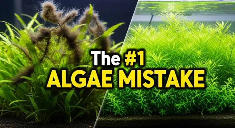 A thumbnail comparing a plant covered in black beard algae with a healthy plant, illustrating a guide on aquarium algae control