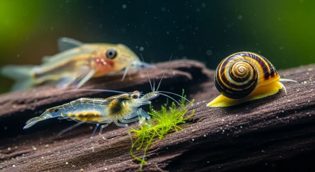 A close-up of a natural cleanup crew—an Amano shrimp, Nerite snail, and Otocinclus catfish—working together as part of an effective aquarium algae control strategy.