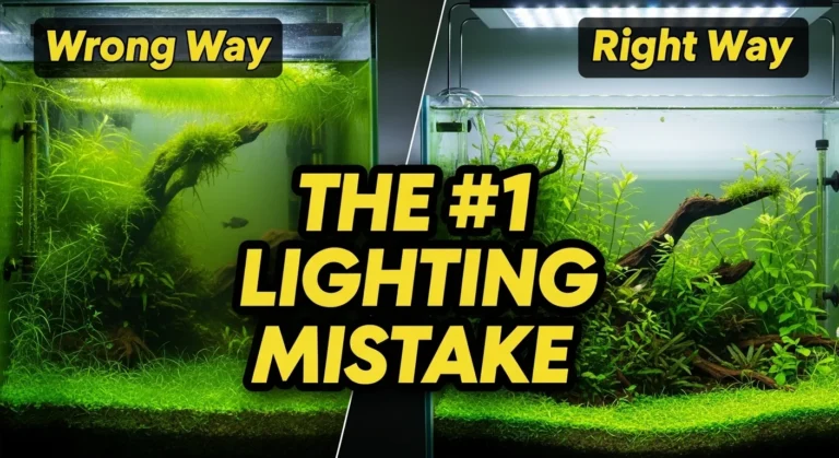 comparing an algae-filled aquarium with a clean planted tank, illustrating a guide on how much light aquarium plants need to avoid mistakes.