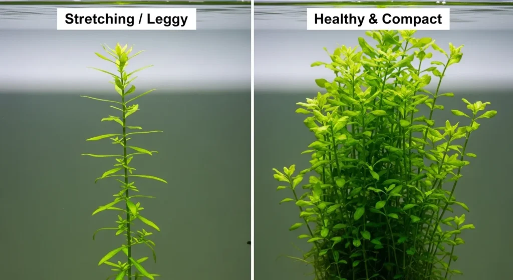 A comparison photo showing a "leggy" aquarium plant that needs more light next to a healthy, compact plant with the proper amount of light.