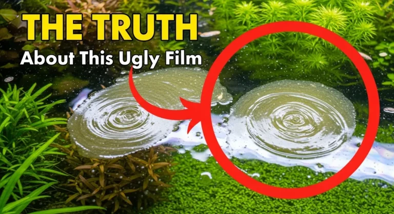 A thumbnail showing an ugly oily biofilm on an aquarium's surface with text asking about the truth behind the film, for an article on how to get rid of biofilm in an aquarium.