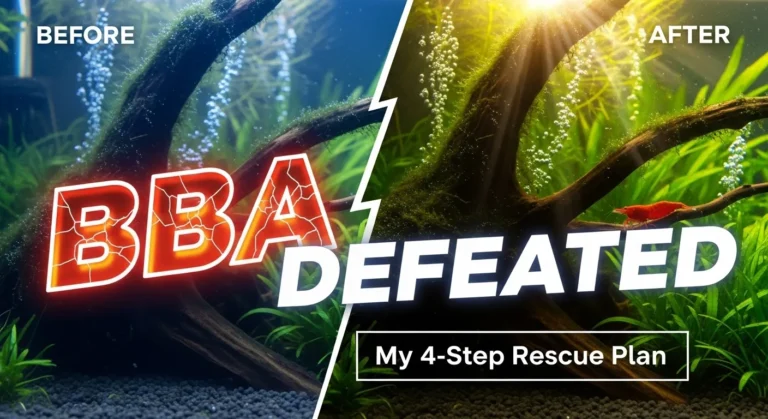 A split-screen thumbnail showing the dramatic before-and-after results of treating Black Beard Algae. The left side shows a dark, algae-covered aquarium, while the right side shows the same tank, now vibrant and clean. Text overlay reads, "BBA DEFEATED: My 4-Step Rescue Plan.