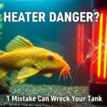 A Pleco fish swimming next to a hot aquarium heater.