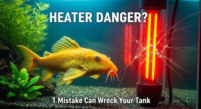 A Pleco fish swimming next to a hot aquarium heater.