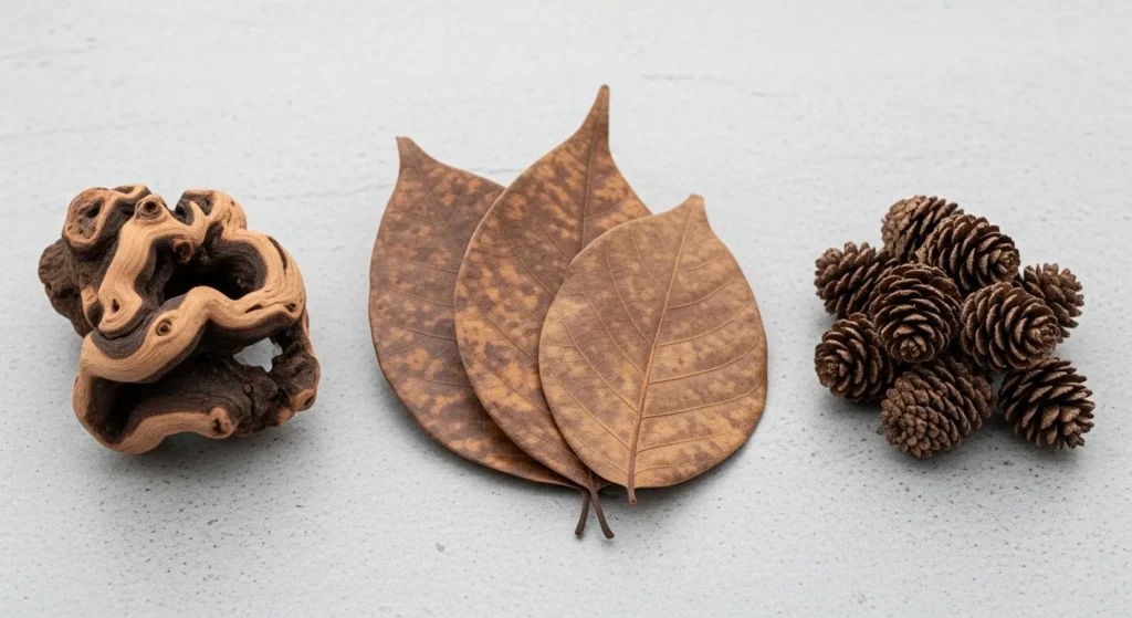 A photo displaying the three best botanicals to lower aquarium pH: a piece of Mopani driftwood, several Indian Almond leaves, and a pile of Alder Cones.