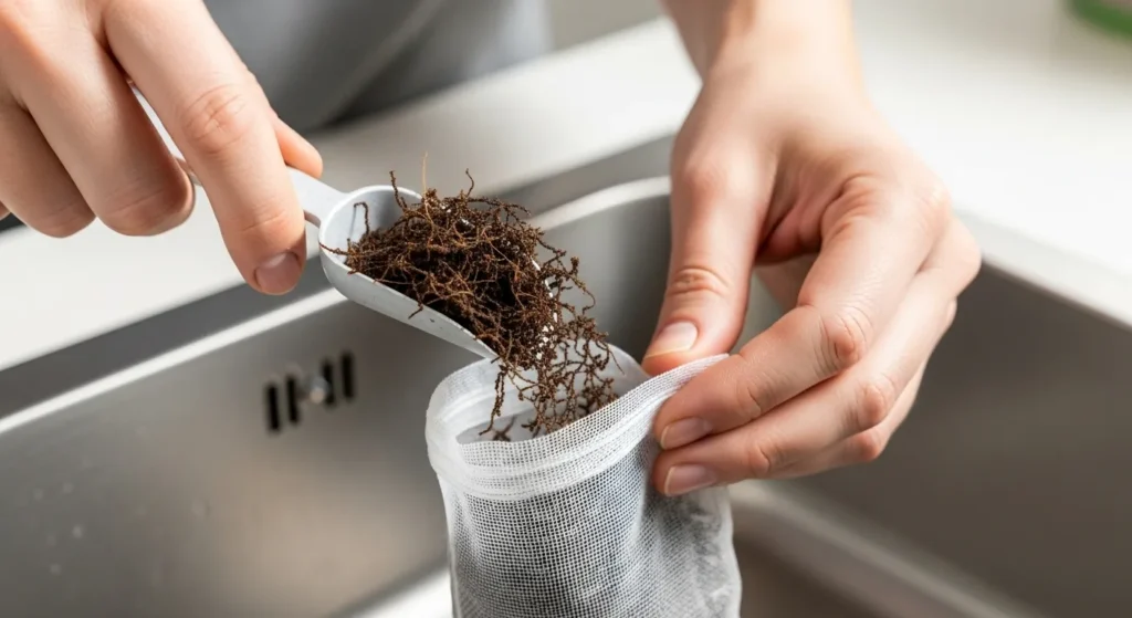 A person adding aquarium-grade peat moss to a mesh filter bag, showing how to safely prepare it to lower the pH in a fish tank.