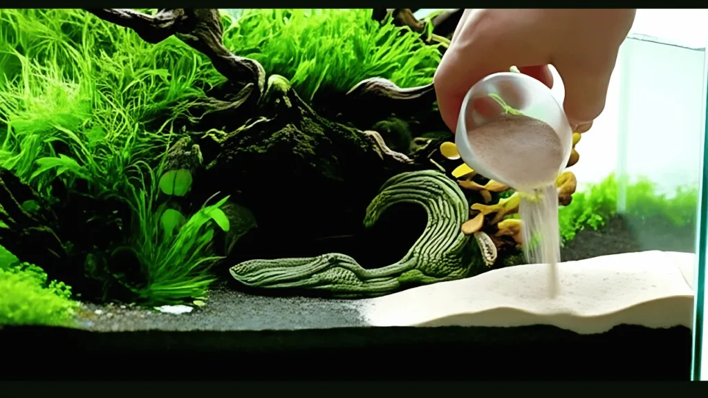 A person setting up the substrate for a low-tech planted tank by carefully adding a sand cap over a layer of dark, organic soil.